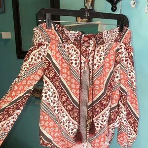 Burgundy printed off the shoulder top!